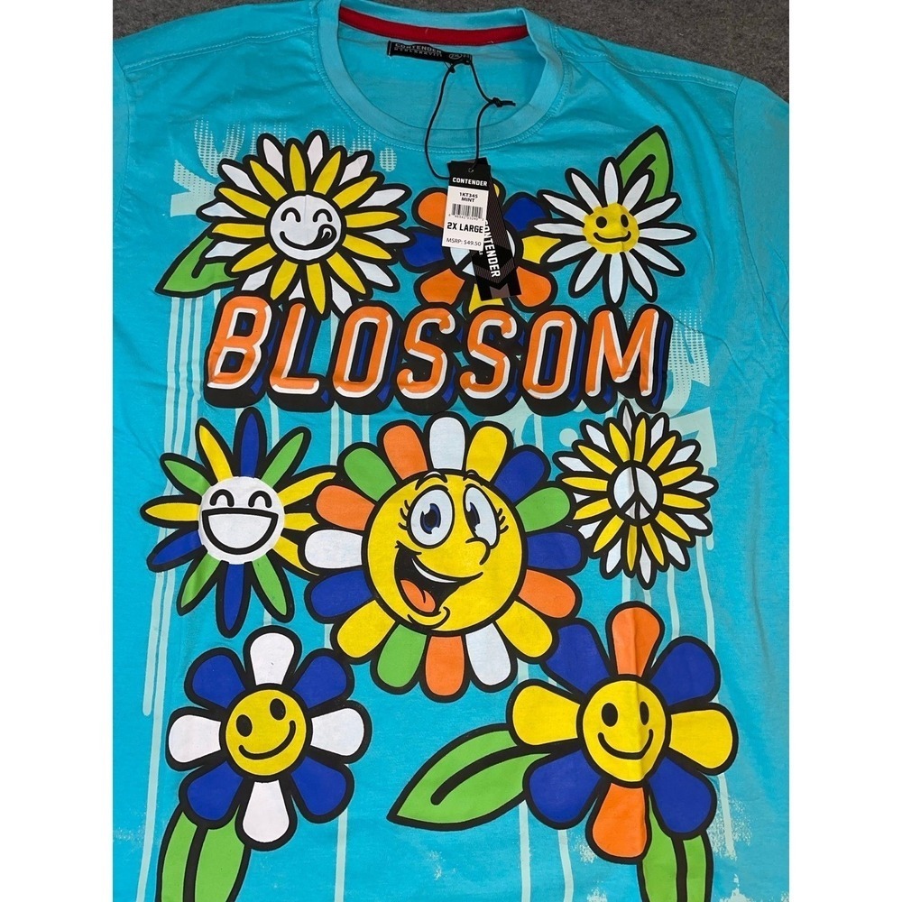 Contender Blossom Flower Smiley Face Graphic Tee Shirt Mint Blue 2XL 1KT345 NEW